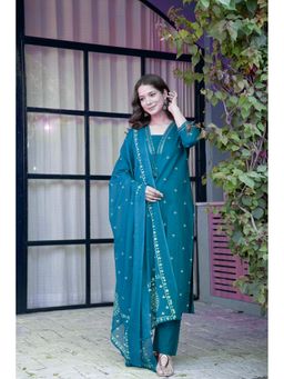 GEKHA - GEKHAWomen's Pure Cotton Printed Blue Straight Kurta with Pants and Dupatta