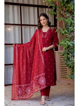GEKHA - GEKHAWomen's Pure Cotton Printed Red Straight Kurta with Pants and Dupatta