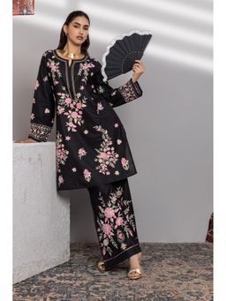 HOUSE OF KARI - Women Black Cotton Kashmiri Aari Kurta with Palazzo