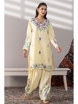 HOUSE OF KARI - Women Pastel Yellow Cotton Kashmiri Aari Work Kurta and Salwar
