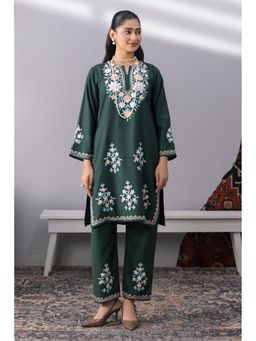 HOUSE OF KARI - Women Green Cotton Kashmiri Aari Work Kurta and Pant