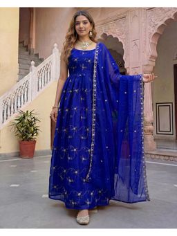 FAST FASHIONS - FAST FASHIONSWomen Blue Embroidered Ethnic Anarkali Kurta with Pant and Dupatta