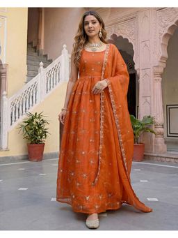 FAST FASHIONS - FAST FASHIONSWomen Orange Embroidered Ethnic Anarkali Kurta with Pant and Dupatta