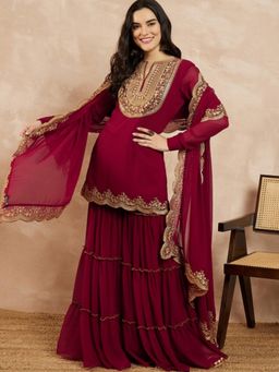FAST FASHIONS - FAST FASHIONSWomen Maroon Embroidered Kurti with Sharara and Dupatta