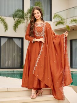 FAST FASHIONS - FAST FASHIONSWomen Orange Embroidered Ethnic Anarkali Kurta with Pant and Dupatta