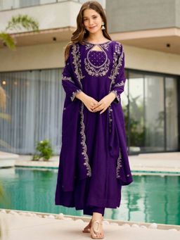 FAST FASHIONS - FAST FASHIONSWomen Purple Embroidered Ethnic Anarkali Kurta with Pant and Dupatta