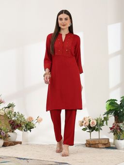 Nayam by lakshita - Solid Viscose Rayon Straight Red Kurta with Salwar
