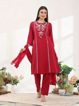Nayam by lakshita - Pink Solid Embroidered Cotton Calf Length Kurta and Salwar with Dupatta