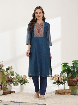 Nayam by lakshita - Teal Organza with Digital Print and Zari Embroidery Kurta with Salwar