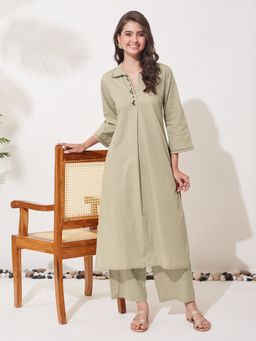 MOKOSH - MOKOSHWomen Light Beige Cotton Hand Work Embroidered Kurta and Palazzo