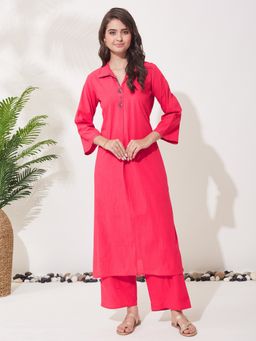 MOKOSH - MOKOSHWomen Hot Pink Cotton Hand Work Embroidered Kurta and Palazzo