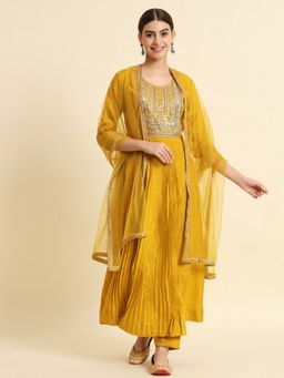 THE52 - THE52Women Yellow Sequence Embroidered Plating Work Anarkali Kurta with Pant and Dupatta