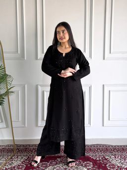 Poshak Chikan Studio - Poshak Chikan StudioWomen'sHand-Embroidered Mukaish Black Kurta With Pallazo