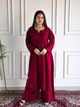 Poshak Chikan Studio - Poshak Chikan StudioWomen'sHand-Embroidered Mukaish Maroon Kurta With Pallazo