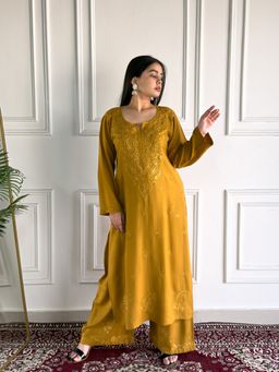 Poshak Chikan Studio - Poshak Chikan StudioWomen's Chikankari Rayon Mukaish Mustard Kurta With Pallazo
