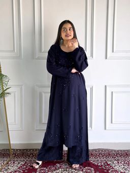 Poshak Chikan Studio - Women's Chikankari Rayon Mukaish Navy Blue Kurta With Pallazo