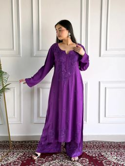 Poshak Chikan Studio - Poshak Chikan StudioWomen'sHand-Embroidered Mukaish Purple Kurta With Pallazo