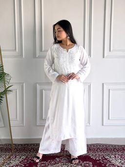 Poshak Chikan Studio - Poshak Chikan StudioWomen'sHand-Embroidered Mukaish White Kurta With Pallazo