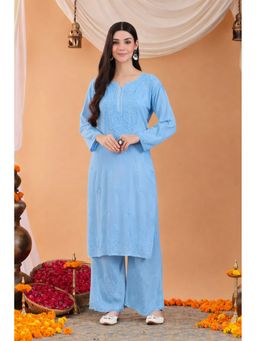 Poshak Chikan Studio - Poshak Chikan StudioWomen'sHand-Embroidered Solid Blue Kurta With Palazzo