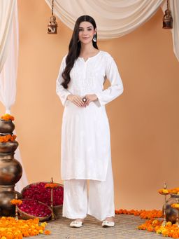 Poshak Chikan Studio - Poshak Chikan StudioWomen'sHand-Embroidered Solid White Kurta With Palazzo