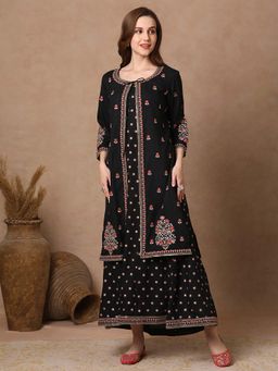 FASHOR - Women Black Embroidered Maxi Dress with Jacket (Set of 2)