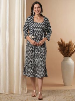 FASHOR - Women Grey Printed Midi Dress with Jacket (Set of 2)