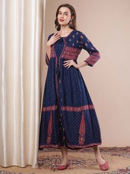 FASHOR - Women Blue Embroidered Maxi Dress with Jacket (Set of 2)