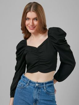Style Quotient - Women Black Sweetheart Neck Crepe Crop Top