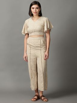 SHOWOFF - Womens V-Neck Printed Beige Co-Ord (Set of 2)
