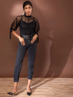 RSVP by Nykaa Fashion - Black Polka Dots High Neck Top with Inner (2XL)