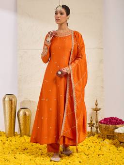 MOKOSH - Women Orange Embroidered Silk Anarkali Kurta and Pant with Dupatta