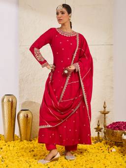MOKOSH - Women Red Embroidered Silk Anarkali Kurta and Pant with Dupatta