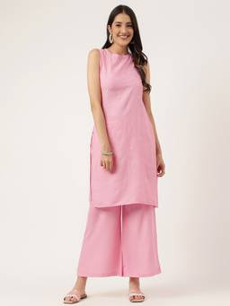 Aayusika - Women Embroidered Pink Kurti with Pant
