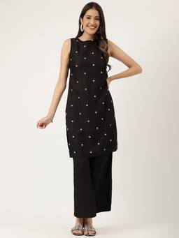 Aayusika - Women's Embroidered Black Kurti with Pant