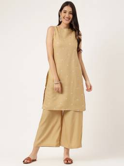 Aayusika - Women's Embroidered Beige Kurti with Pant