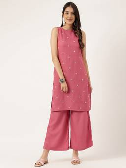 Aayusika - Women's Embroidered Pink Kurti with Pant