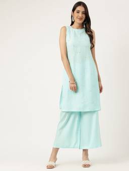 Aayusika - Women's Embroidered Blue Kurti with Pant