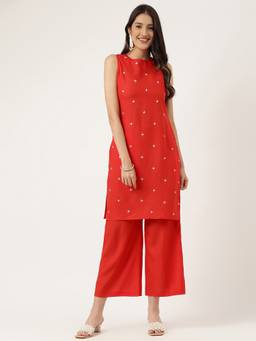 Aayusika - Women's Embroidered Red Kurti with Pant