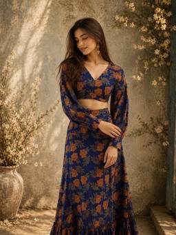 INDO STREET - Women's Georgette Floral Blue Top And Skirt