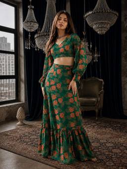 INDO STREET - Women's Georgette Floral Green Top And Skirt