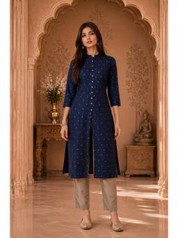 INDO STREET - Women's Art Silk Printed Navy Blue Kurta And Pant