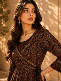 INDO STREET - Women's Pure Cotton Floral Brown Angarkha Kurta And Pant