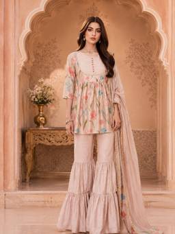 INDO STREET - Women's Art Silk Floral Beige Kurti And Sharara With Dupatta