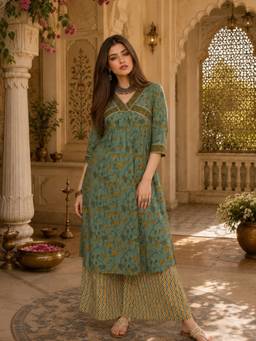 INDO STREET - Women's Pure Cotton Floral Green Anarkali Kurta And Pant