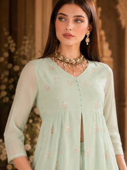 INDO STREET - Women's Poly Georgette Floral Green Co-Ords