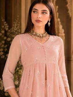 INDO STREET - Women's Poly Georgette Floral Peach Co-Ords