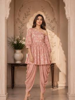 INDO STREET - Women's Viscose Rayon Floral Peach Kurti And Dhoti