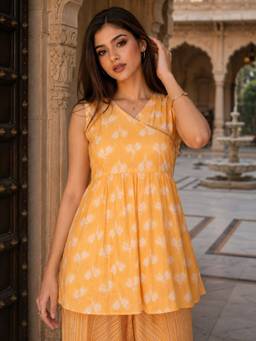 INDO STREET - Women's Pure Cotton Floral Yellow Co-Ords