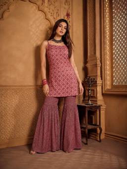 INDO STREET - Women's Polyester Printed Pink Kurti And Sharara