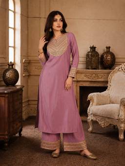 INDO STREET - Women's Art Silk Embellished Lavender Kurta And Pant